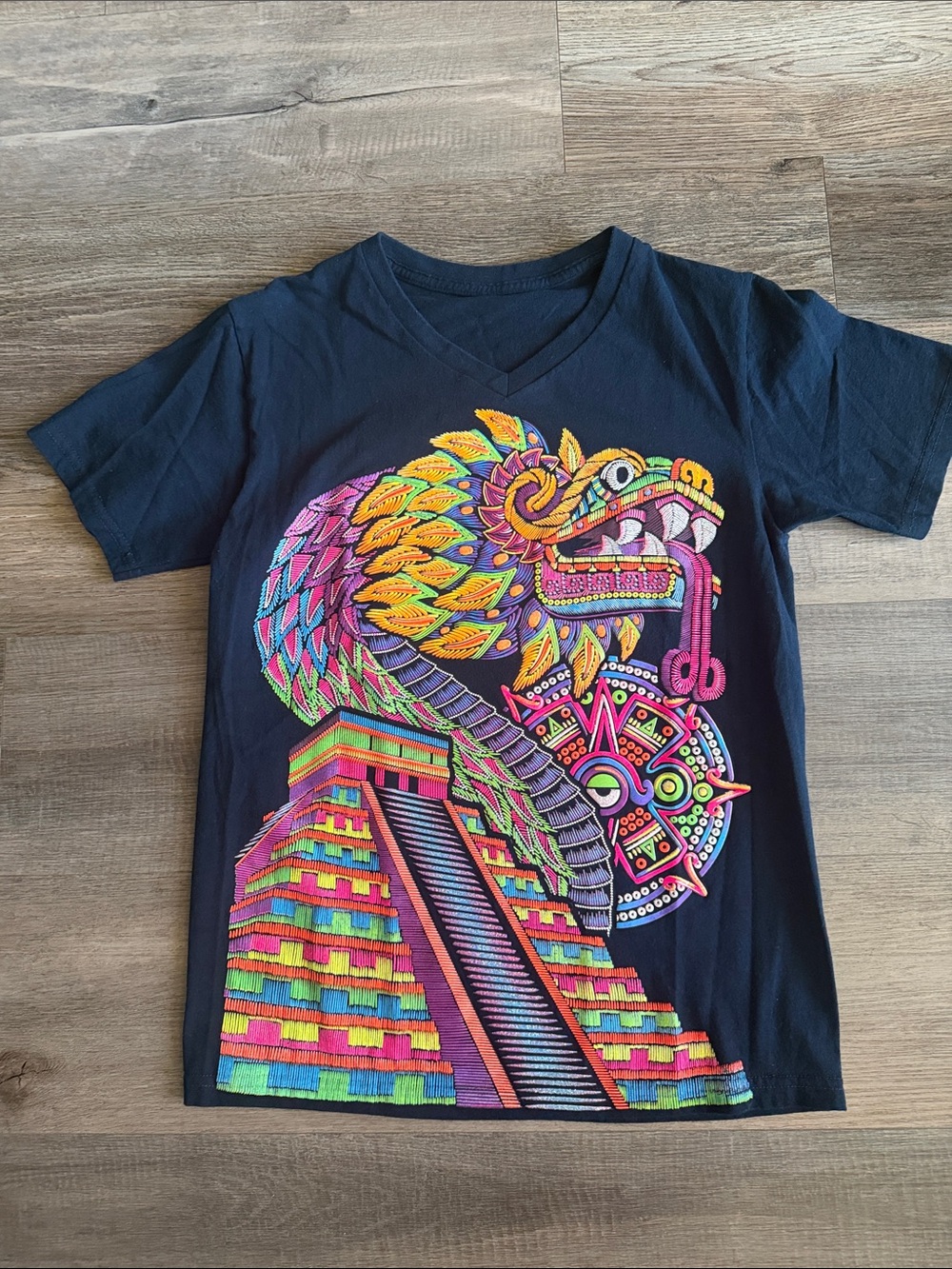 Kids Black Short-Sleeve Tee with Neon Aztec Serpent Graphic